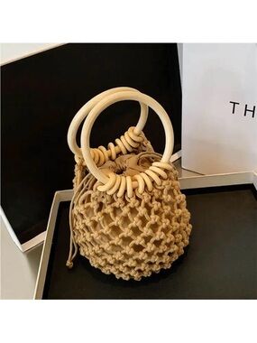 Woven Macramé Bucket Bag with Wooden Ring Handles - Tan